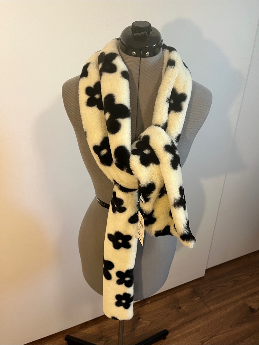 Windsor Cream Faux-Fur Floral Loop Scarf with Black Flowers